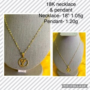 Solid 18K yellow gold necklace with pendant. 18" long